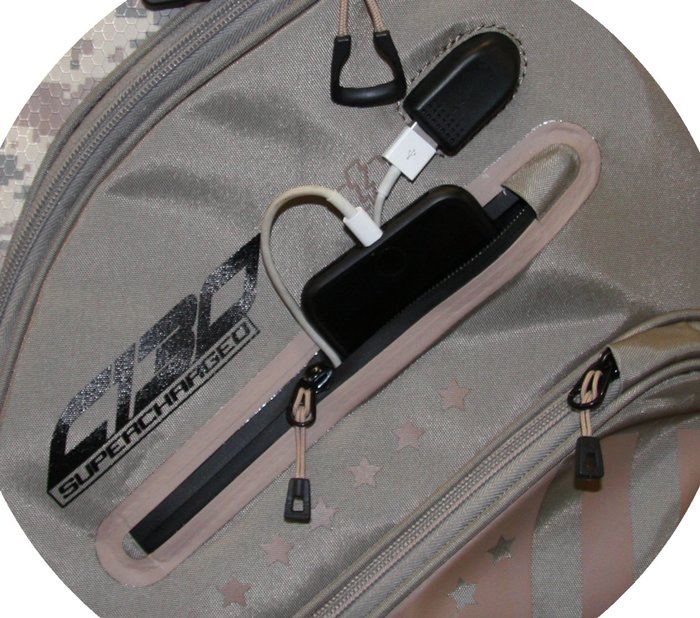 sun mountain supercharged c-130 cart bag allows golfers to charge their phone while they play